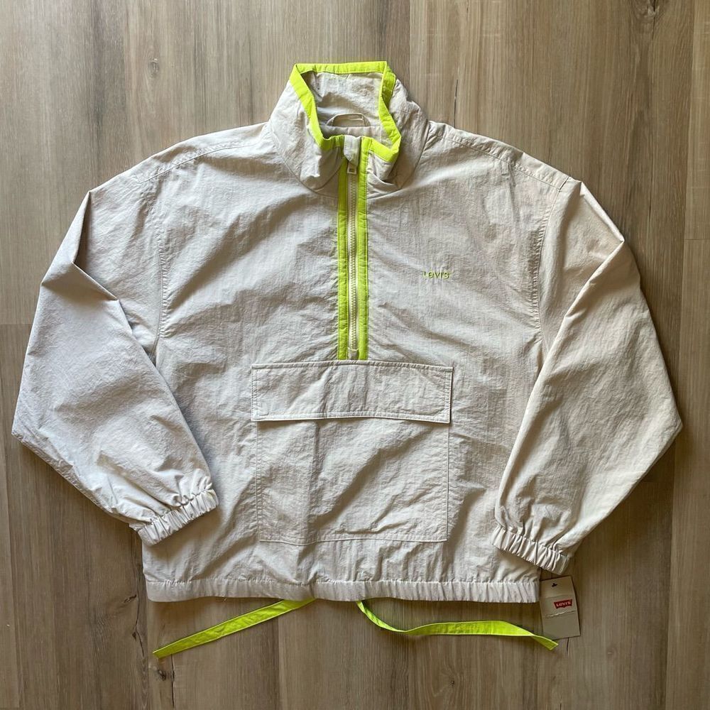 Levi’s Women’s Nylon Popover Jacket Tan Lime Green Trim Large NWT
